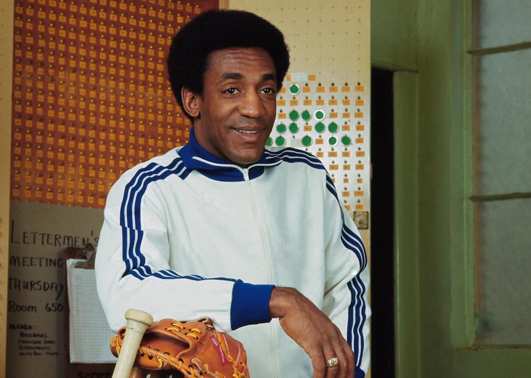 Bill Cosby posing with baseball equipment in a publicity photo for his television show, The Bill Cosby Show, which ran from 1969 to 1971.