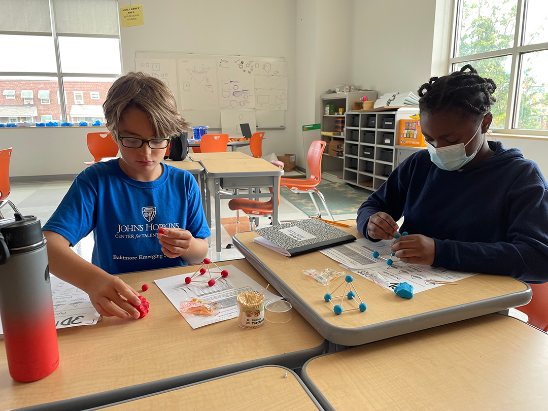 Students build pyramids in geometry class during a 2022 summer learning program offered by Baltimore City Public Schools.
