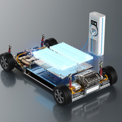 An electric car battery hooked up to an EV charger; a conceptual image