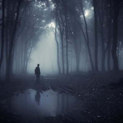 A person stands near a puddle in a dark, foggy forest.