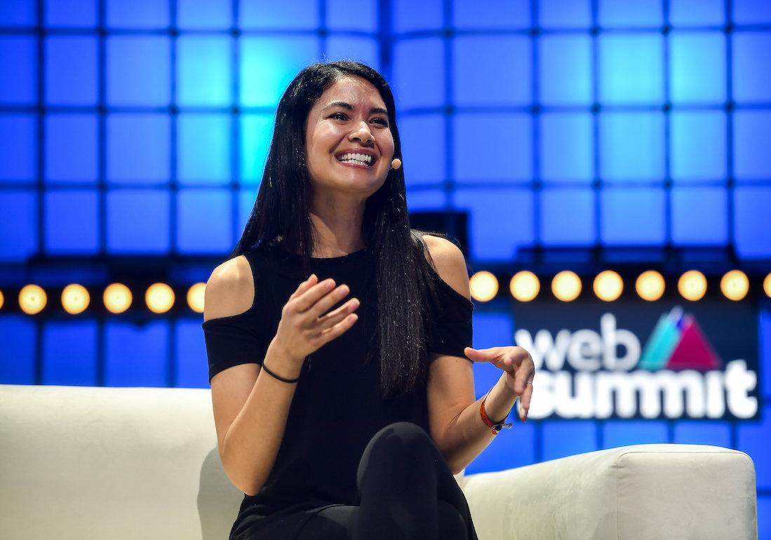 Melanie Perkins, co-founder & CEO of Canva, on Centre Stage during the opening day of Web Summit 2019 at the Altice Arena in Lisbon, Portugal.