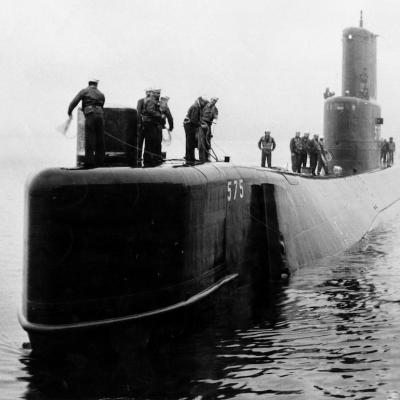 The USS Seawolf, an atomic propelled submarine, emerges after six days in New London, Connecticut on Oct. 10, 1958.