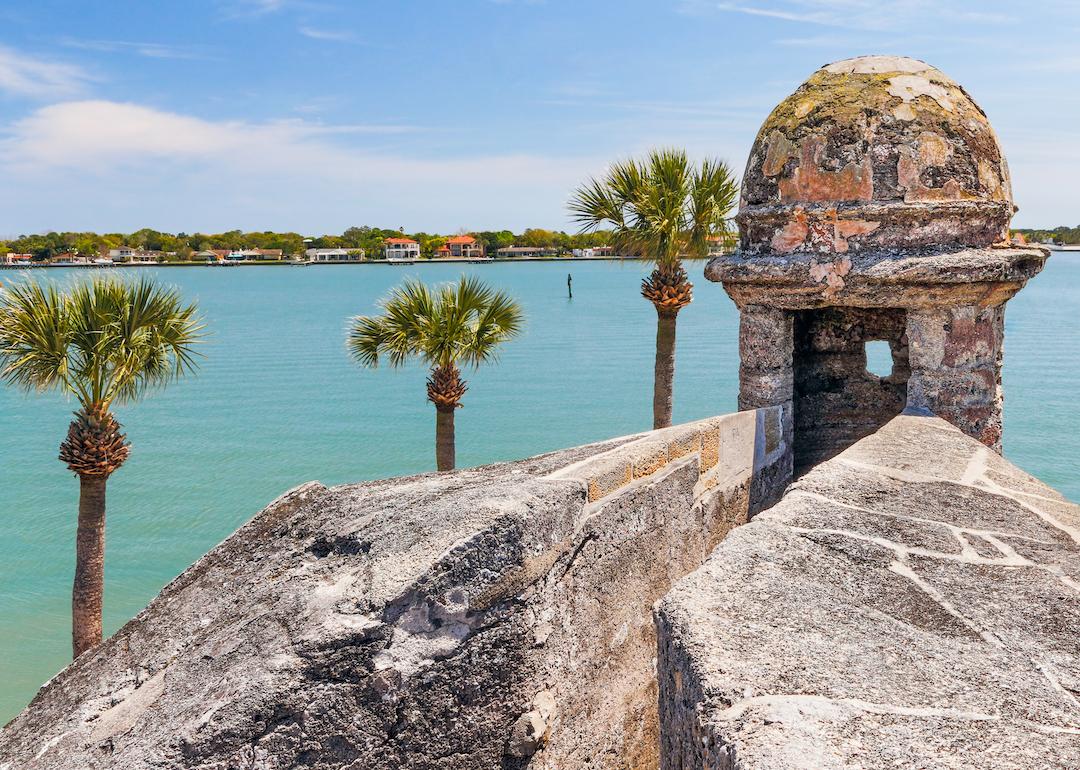 A sentry box turret overlooks Matanzas Bay at the Castillo de San Marcos, a 17th Century Spanish Fort in Saint Augustine, Florida.