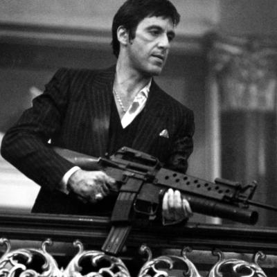 Al Pacino in the 'say hello to my little friend' scene from 'Scarface.'