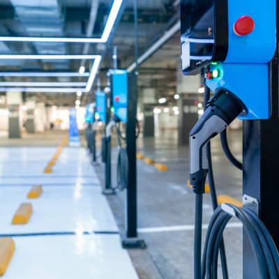 A row of electric vehicle charging stations in a parking garage