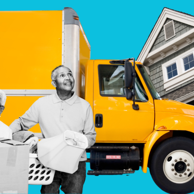 Illustration of two seniors moving boxes with moving truck and house in the background.