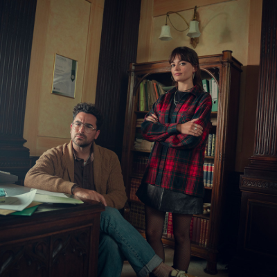 Actors Dan Levy and Emma Mackey in a promotional still for Season 4 of Netflix show 'Sex Education.'