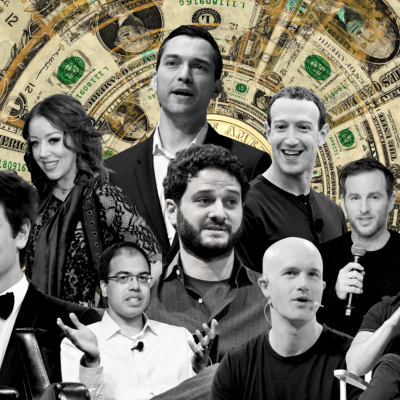 A composite illustration of nine of the youngest, richest people in a tunnel of money.