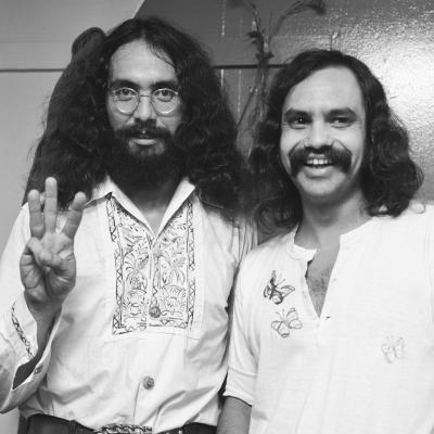 Tommy Chong and Cheech Marin of the comedy duo Cheech and Chong pose in their dressing room at Doug Weston's Troubadour on Sept. 16, 1971 in Los Angeles, California.
