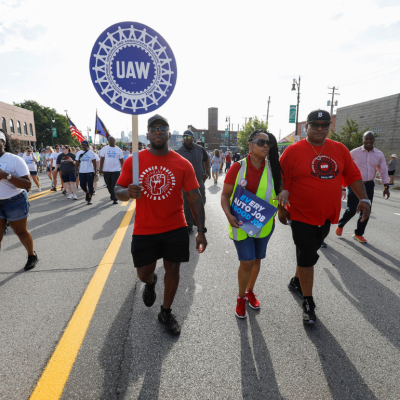 United Auto Workers members march in the Detroit Labor Day Parade on September 4, 2023 in Detroit, Michigan. 