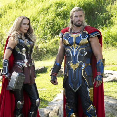 Natalie Portman and Chris Hemsworth in a scene from "Thor: Love and Thunder"