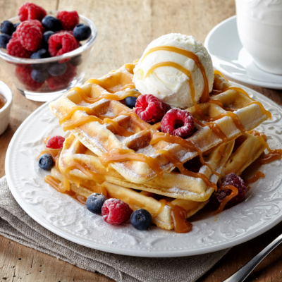 A plate of waffles topped with fresh berries, caramel sauce and a scoop of ice cream