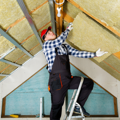 A man stands on a ladder and installs insulation in his attic