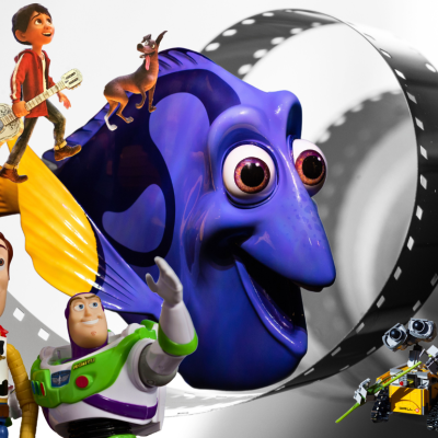 Some of Pixar's most popular characters against a backdrop of film reels.