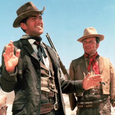 Actors Dean Martin and Frank Sinatra as Joe Jarrett and Zack Thomas respectively in a scene from the 1963 Western film '4 for Texas.'