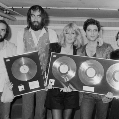 Rock band Fleetwood Mac with awards for British sales of their albums 'Rumours' and Tusk', Wembley Arena, London, June 1980. Left to right: John McVie, Mick Fleetwood, Christine McVie, Lindsey Buckingham and Stevie Nicks.