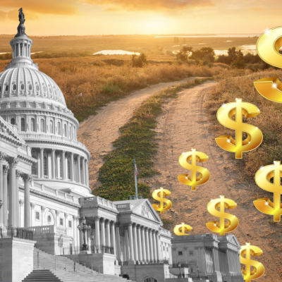 Photo Illustration showing the US Capitol building superimposed alongside gold-colored dollar signs over a rural landscape