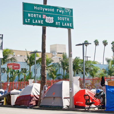 Homeless encampment along the roadside in Los Angeles, California