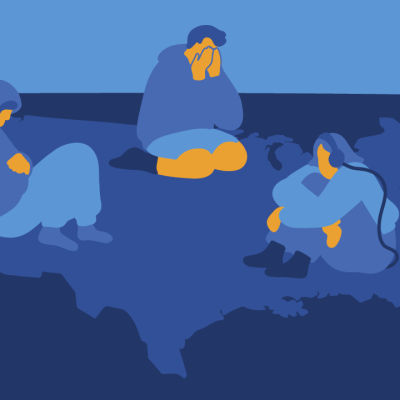 Illustration of depressed teenagers in crouched positions over a map of the United States.