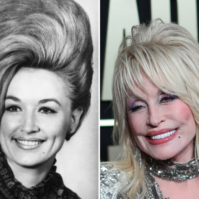 Singer Dolly Parton (left) poses for a portrait in 1965 in Nashville, Tennessee; Singer Dolly Parton (right) at the 58th Academy of Country Music awards on May 11, 2023 in Frisco, Texas.