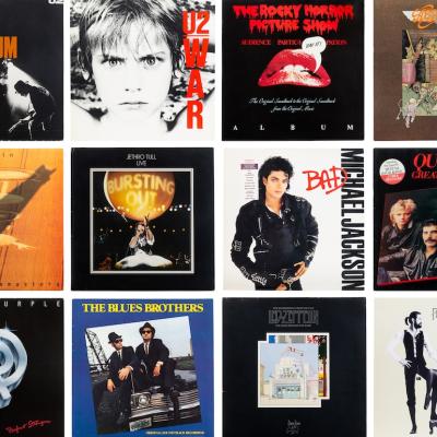 A collection of vintage pop and rock vinyl record covers.