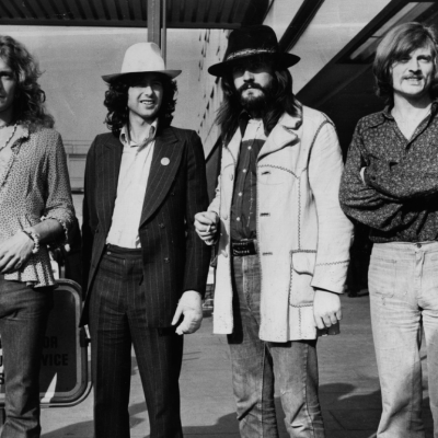 British rock band Led Zeppelin. From left to right, Robert Plant, Jimmy Page, John Bonham (1947 - 1980), John Paul Jones.