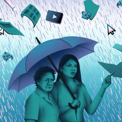 illustration concept: two vietnamese women of different generations shielding themselves from the deluge of misinformation