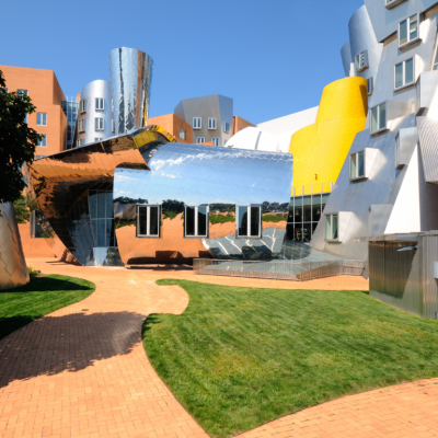 Fun, colorful, irregular, postmodern architecture of MIT Stata Center in Cambridge, Massachusetts