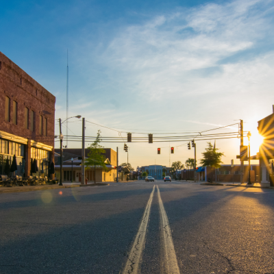 sunset on main street in a small town 