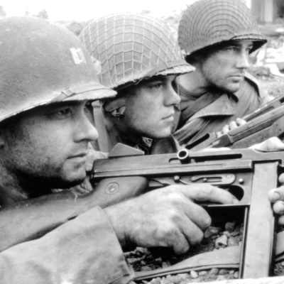 Left to right, Tom Hanks, Edward Burns and Matt Damon await approaching German forces in a scene from "Saving Private Ryan"