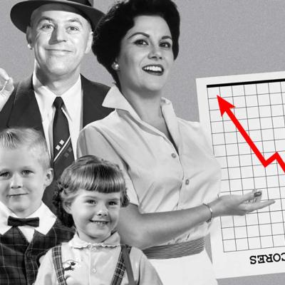 black and white photo illustration of parents looking oblivious with graph of decreasing test scores  