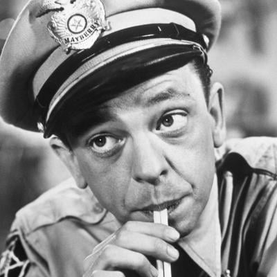 Actor Don Knotts is shown in a scene from the television series 'The Andy Griffith Show,' where he played Barney Fife.