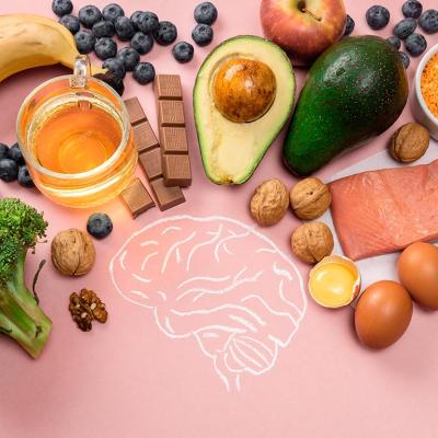 brain illustration with magnesium and potassium foods pictured, like bananas, avocados, and chocolate