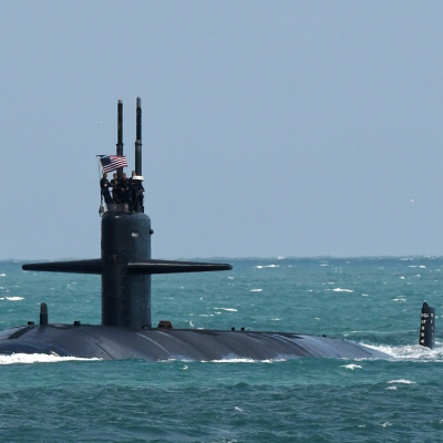  A nuclear-powered U.S. Navy submarine cruises into the Navy Port at Port Canaveral. 