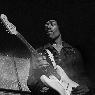 American singer, songwriter and guitarist Jimi Hendrix (1942-1970), playing a Fender Stratocaster guitar, while performing live onstage, 1968. 