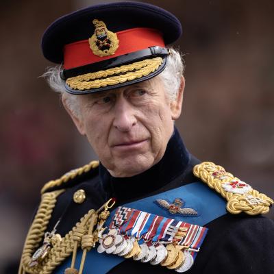 King Charles III inspects the 200th Sovereign's parade at Royal Military Academy Sandhurst on April 14, 2023 in Camberley, England.
