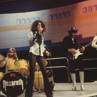 Scottish rock group Nazareth perform on the BBC TV music show 'Top Of The Pops' in London circa 1973. Members of the band are, from left, Darrell Sweet (1947-1999), Dan McCafferty, Manny Charlton and Pete Agnew. 