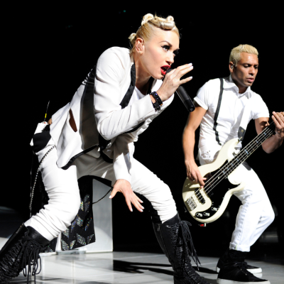 Gwen Stefani (L) and Tony Kanal of No Doubt perform at Sleep Train Pavilion on July 21, 2009 in Concord, California.