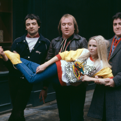 British comedians (left to right) Rowan Atkinson, Mel Smith and Griff Rhys Jones with New Zealand-born comedian Pamela Stephenson in London, 20th October 1980. Together they write and star in the comedy sketch show 'Not the Nine O'Clock News'. 