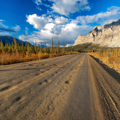 The famous "Haul Road" in the Brooks Range of remote northern Alaska, covered in potholes and bumps