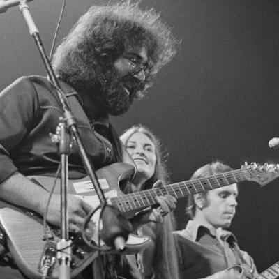 Jerry Garcia and Bob Weir of The Grateful Dead performing at the Empire Pool at Wembley, London, in April 1972.