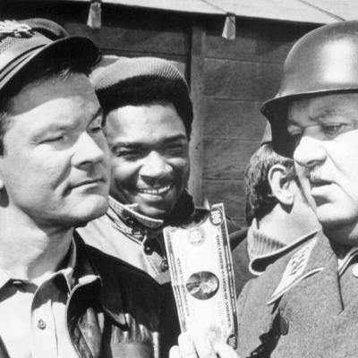 Bob Crane (1928 - 1978, left), as Colonel Robert E Hogan, and John Banner (1910 - 1973) as Sergeant Schultz in the American TV comedy series 'Hogan's Heroes', circa 1968.