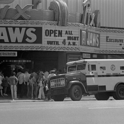 View of the Pix movie theatre on Hollywood Blvd. during opening first days of the movie 'Jaws,' Hollywood, CA 1975.