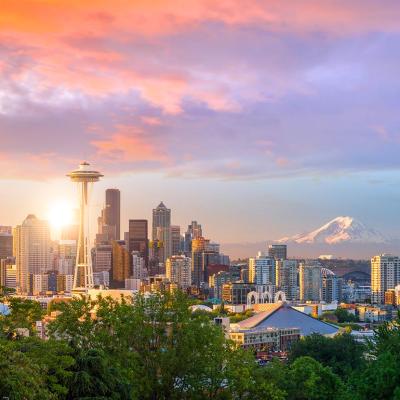 sunset over seattle, washington with mountains in background
