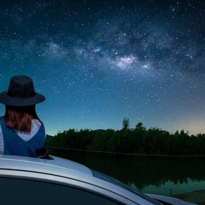 person viewing night sky full of stars by standing up in sunroof 