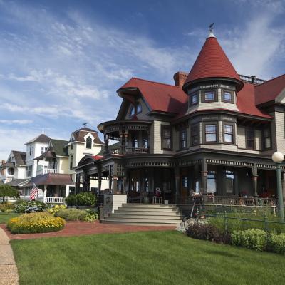 Historic Gingerbread Mansions in Oak Bluffs, Martha's Vineyard in Massachusetts.