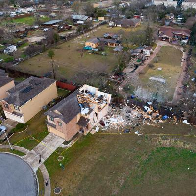 aerial view of tornado damage in central texas