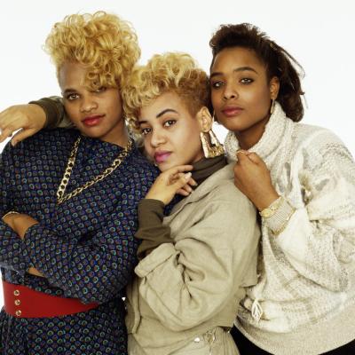 The original members of the hip-hop group Salt-N-Pepa in 1987: Cheryl 'Salt' James, Sandra 'Pepa' Denton, and DJ Spinderella.