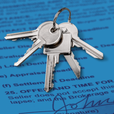 Illustration of house keys against a backdrop of a real estate contract.
