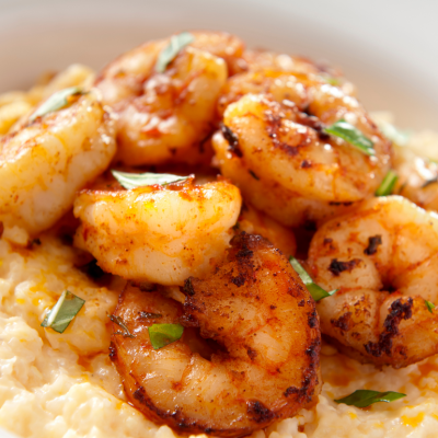 Shrimp and cheese grits in a white bowl.